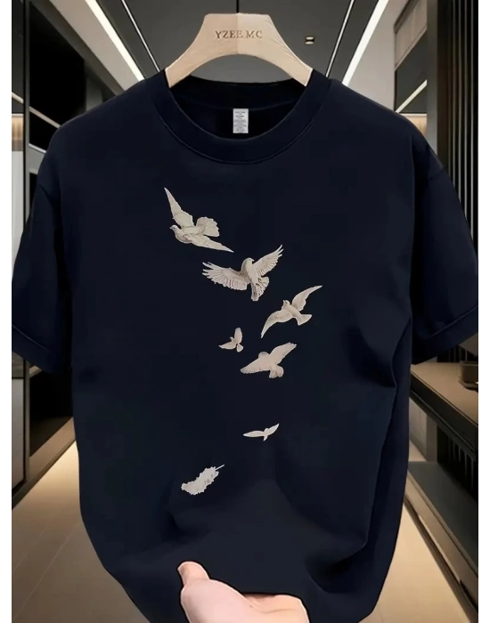 20/1 Penye Compack Özgür kuşlar Baskılı Baskılı Oversize Bisiklet Yaka T-shirt - Beyaz -