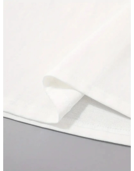 20/1 Penye Compack Palmiye Baskılı Oversize Bisiklet Yaka Kısa Kol T-shirt - Beyaz -