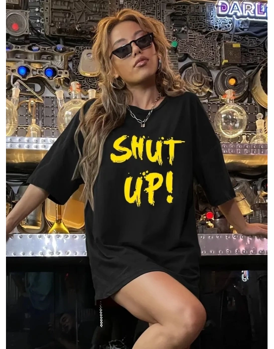 20/1 Penye Compack Shut up Baskılı Oversize Bisiklet Yaka Kısa Kol T-shirt - Siyah -