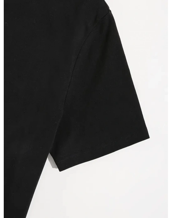 20/1 Penye Compack Shut up Baskılı Oversize Bisiklet Yaka Kısa Kol T-shirt - Siyah -