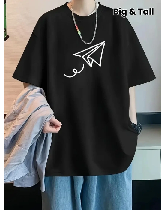 20/1 Penye Compack Uçak Baskılı Oversize Bisiklet Yaka Kısa Kol T-shirt - Siyah -