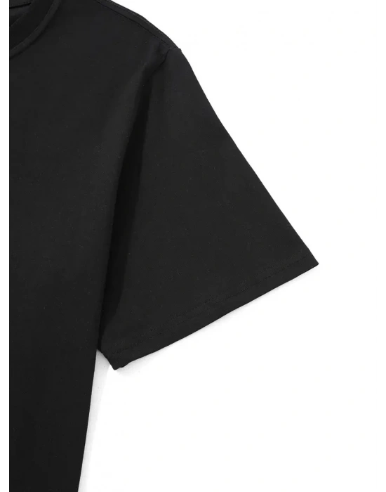 20/1 Penye Compack Uçak Baskılı Oversize Bisiklet Yaka Kısa Kol T-shirt - Siyah -