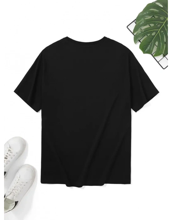 20/1 Penye Compack Uçak Baskılı Oversize Bisiklet Yaka Kısa Kol T-shirt - Siyah -