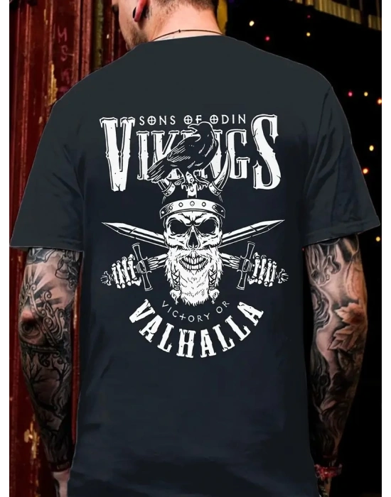 20/1 Penye Compack Vikings Valhalla Baskılı Oversize Bisiklet Yaka T-shirt - Siyah -