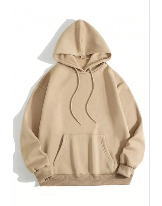 3 İplik Pamuklu   Kapşonlu Sweetshirt - Bej -