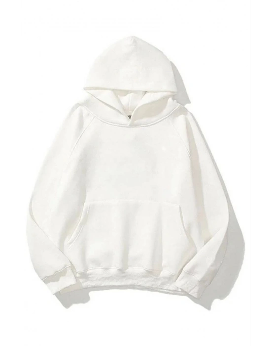 3 İplik Pamuklu   Kapşonlu Sweetshirt - Beyaz -