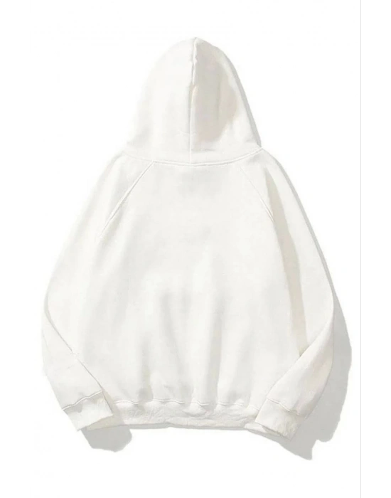 3 İplik Pamuklu   Kapşonlu Sweetshirt - Beyaz -