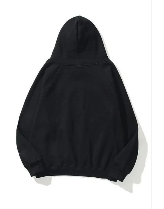 3 İplik Pamuklu   Kapşonlu Sweetshirt - Siyah -