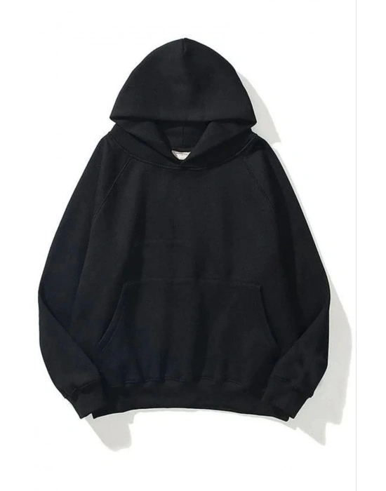 3 İplik Pamuklu   Kapşonlu Sweetshirt - Siyah -