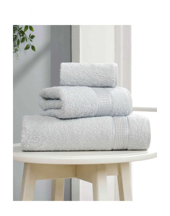 3 lü Banyo Havlusu Seti Pamuklu Ritim Açık Gri