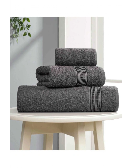3 lü Banyo Havlusu Seti Pamuklu Ritim Antrasit
