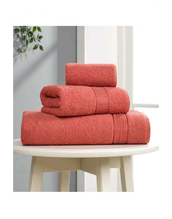 3 lü Banyo Havlusu Seti Pamuklu Ritim Kiremit