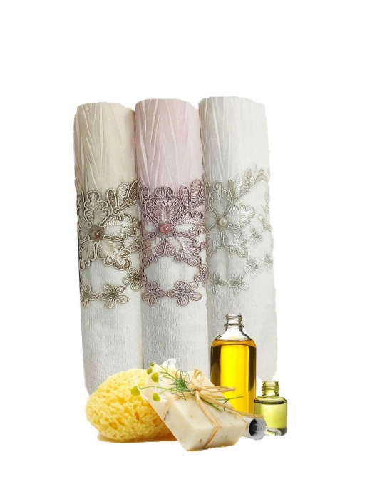3 Lü Tül Dantel İşlemeli Boncuklu Havlu Seti 50X90 Cm