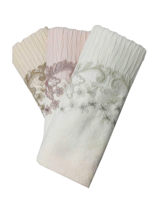 3 Lü Tül Dantel İşlemeli Boncuklu Havlu Seti 50X90 Cm