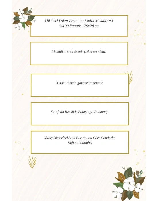 3’lü Özel Paket Premium Kadın İşlemeli Mendil Seti  %100 Pamuk 28x28 Cm