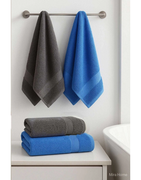 4 Parça Banyo Havlu Takımı %100 Pamuklu Dry Antrasit Mavi