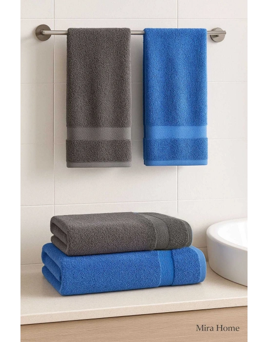 4 Parça Banyo Havlu Takımı %100 Pamuklu Dry Antrasit Mavi