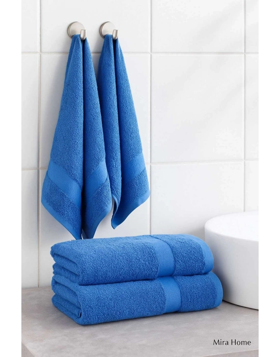 4 Parça Ekonomik Banyo Havlu Takımı %100 Pamuklu Quickdry Mavi Mavi