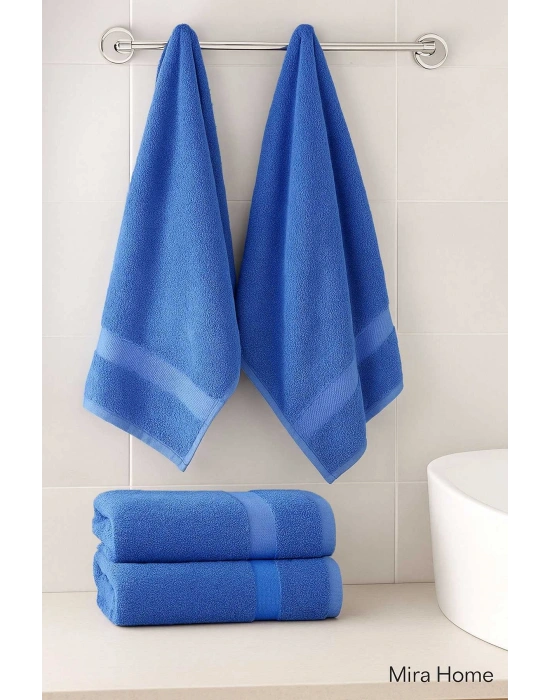 4 Parça Ekonomik Banyo Havlu Takımı %100 Pamuklu Quickdry Mavi Mavi