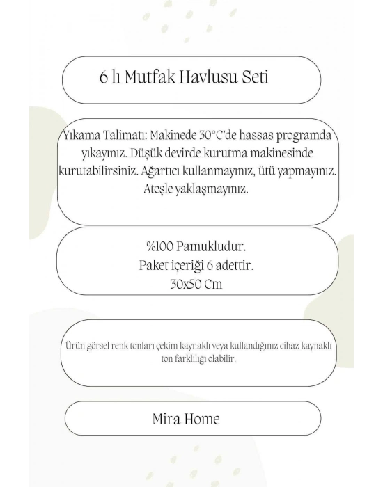 6 Parça Mutfak Havlusu Seti %100 Pamuklu Dalga