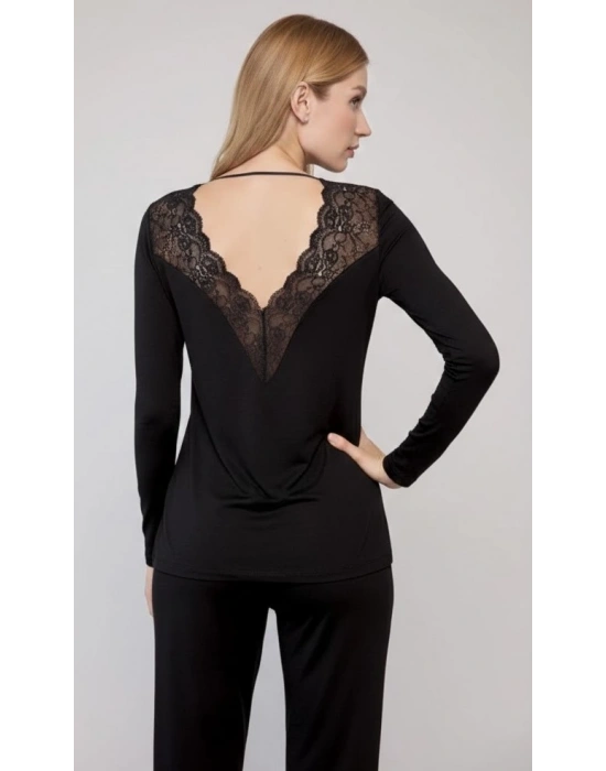 Bicomi Uzun Kollu Dantelli ve Dekolteli Pijama Takımı