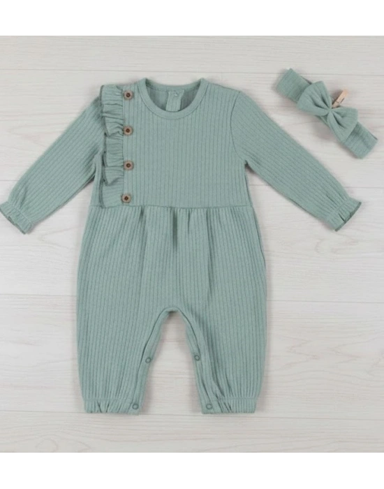 Düğme Detaylı Bandanalı % 100 Pamuk Kız Bebek Tulumu