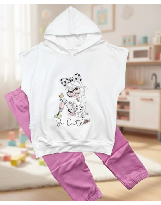 3-4-5 Yaş Kapşonlu Sevimli Kız Baskılı Kısa Kolu 2li Kız Erkek Çocuk Takımı Pembe