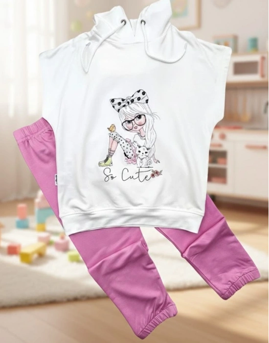 3-4-5 Yaş Kapşonlu Sevimli Kız Baskılı Kısa Kolu 2li Kız Erkek Çocuk Takımı Pembe