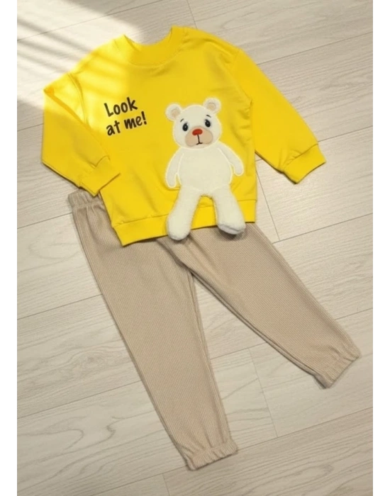 2-3-4 Yaş Ayıcık Sallanan Ayak Desenli Likra Penye Kumaş Sweat Pantolonlu Kız Erkek 2li Çocuk Takımı Sarı