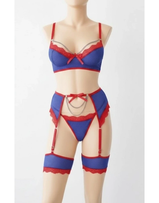 Bicomi Mavi Kırmızı Zincir Detaylı Fantezi Sütyen Külot Jartiyer Takım