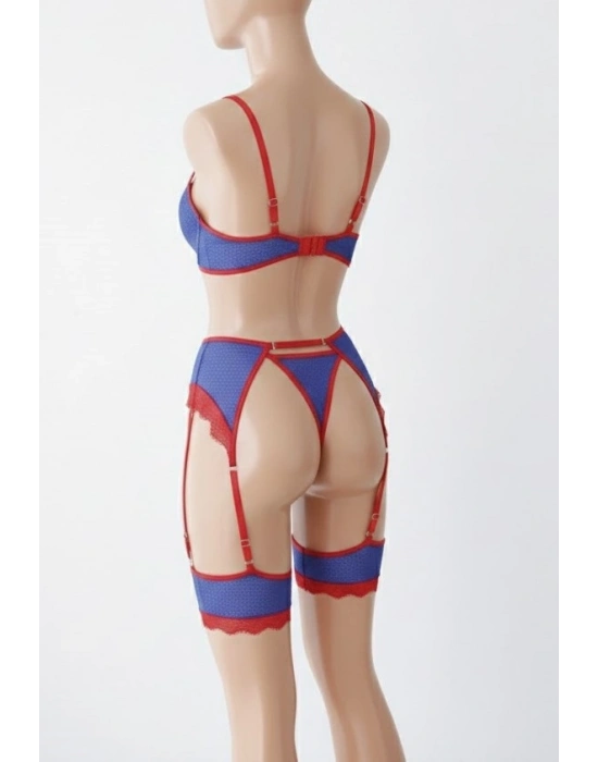 Bicomi Mavi Kırmızı Zincir Detaylı Fantezi Sütyen Külot Jartiyer Takım