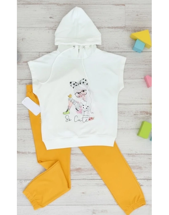 3-4-5 Yaş Kapşonlu Sevimli Kız Baskılı Kısa Kolu 2li Kız Erkek Çocuk Takımı Hardal