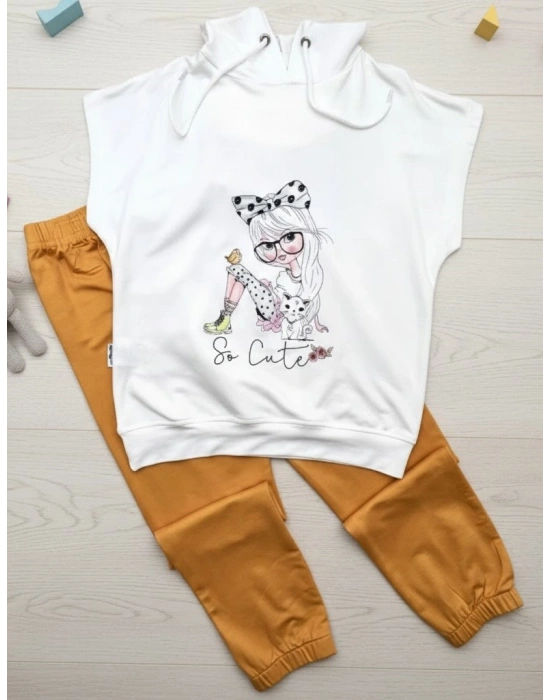 3-4-5 Yaş Kapşonlu Sevimli Kız Baskılı Kısa Kolu 2li Kız Erkek Çocuk Takımı Hardal