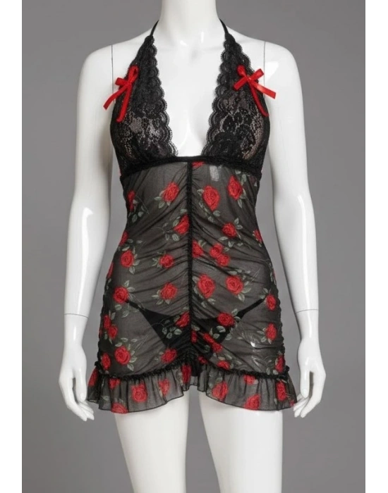 Bicomi Siyah Dantel İşlemeli Gül Desenli Mini Fantezi Gecelik