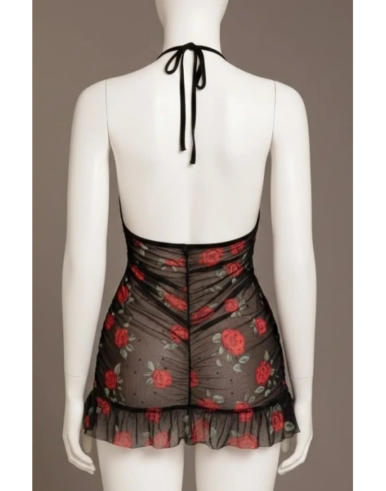 Bicomi Siyah Dantel İşlemeli Gül Desenli Mini Fantezi Gecelik