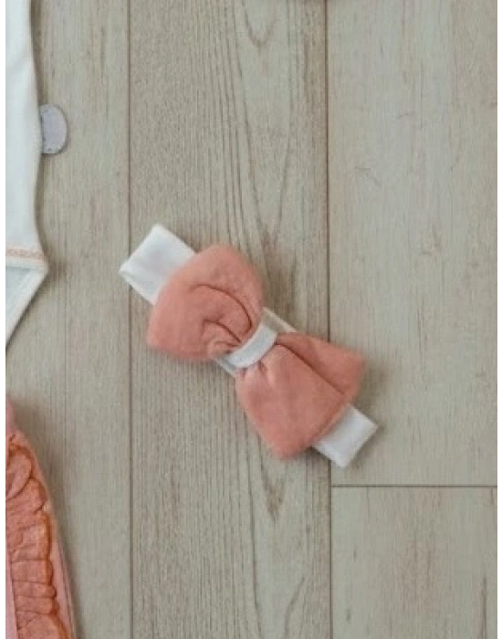 3-6 6-9 9-12 Ay Hello Nakışlı Kruvaze Bandanalı Uzun Kollu Zıbınlı 3lü Kız Bebek Takımı Somon