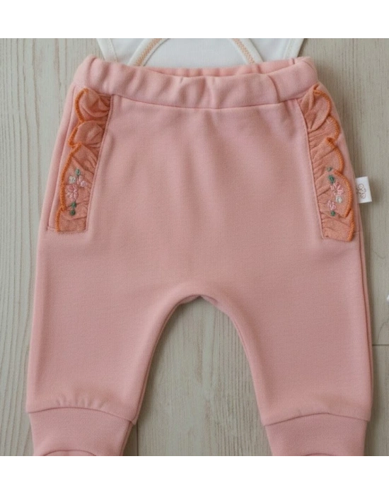 3-6 6-9 9-12 Ay Hello Nakışlı Kruvaze Bandanalı Uzun Kollu Zıbınlı 3lü Kız Bebek Takımı Somon