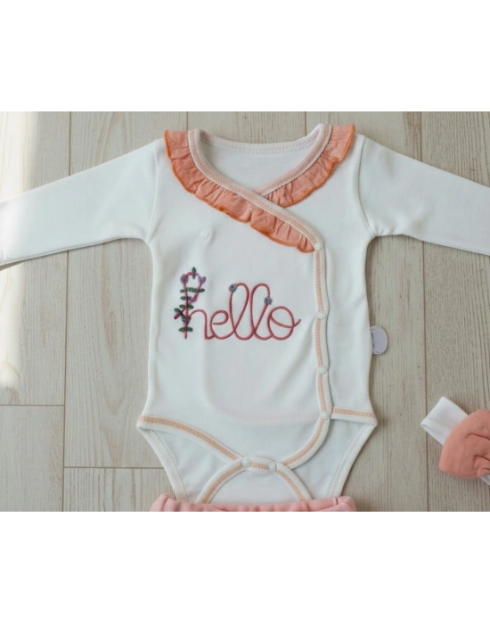 3-6 6-9 9-12 Ay Hello Nakışlı Kruvaze Bandanalı Uzun Kollu Zıbınlı 3lü Kız Bebek Takımı Somon