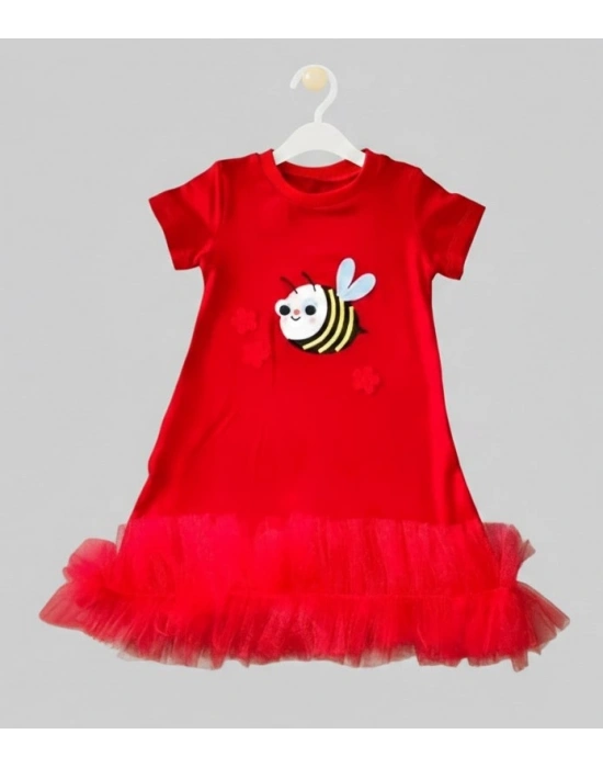 1-2-3 Yaş Arıcık Nakışlı Eteği Fırfırlı Jile Kız Çocuk Elbisesi Kırmızı