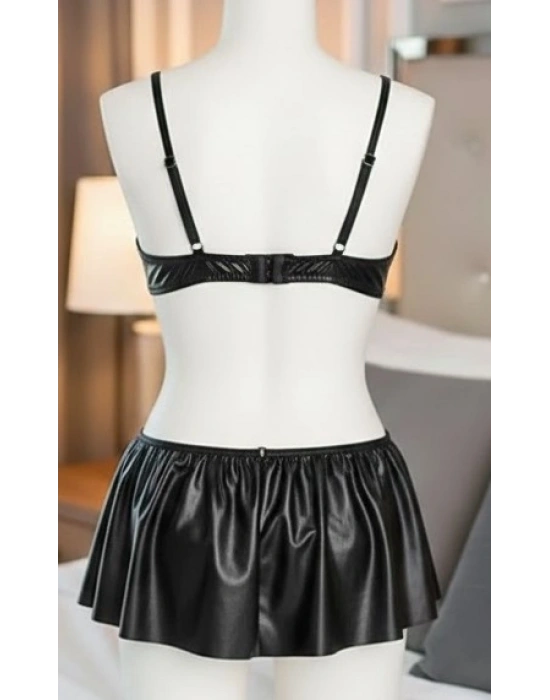 Bicomi Dekolteli Parlak Siyah Mini Etekli Deri Sütyen Takımı