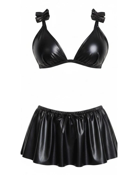 Bicomi Dekolteli Parlak Siyah Mini Etekli Deri Sütyen Takımı