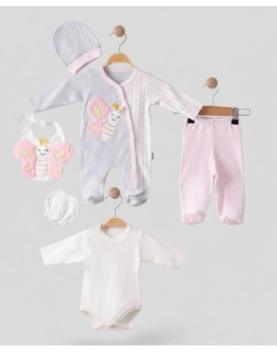 Kelebek Nakışlı Tulumlu % 100 Pamuk Kız Bebek 5li Set