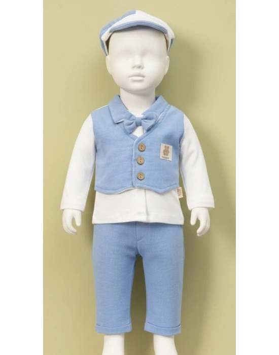 6-9-12-18 Ay Yelek Detaylı Kasketli Uzun Kollu Mevsimlik 3 Lü Erkek Takımı