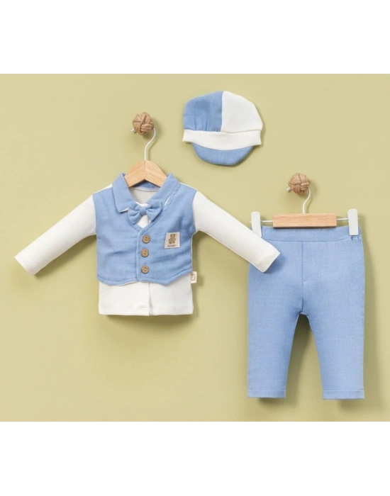 6-9-12-18 Ay Yelek Detaylı Kasketli Uzun Kollu Mevsimlik 3 Lü Erkek Takımı