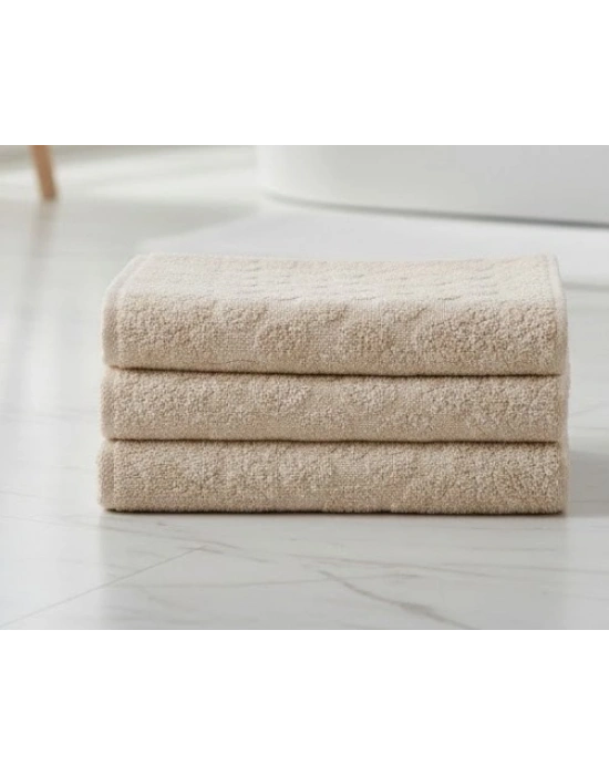 3lü Pamuklu Ayak Havlusu Seti Kabartma Desenli 50x70 Cm Bej