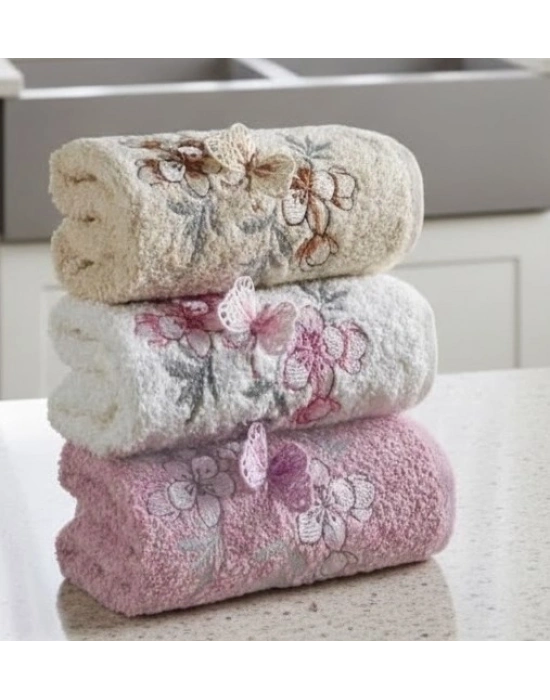 3lü Lüks %100 Pamuklu Mutfak Havlusu Seti 3D Kelebek Aplikeli 30x50 Cm