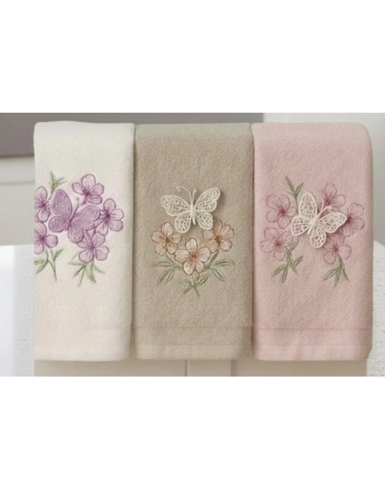 3lü Lüks %100 Pamuklu Mutfak Havlusu Seti 3D Kelebek Aplikeli 30x50 Cm