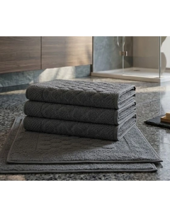 3lü Pamuklu Ayak Havlusu Seti Kabartma Desenli 50x70 Cm Antrasit