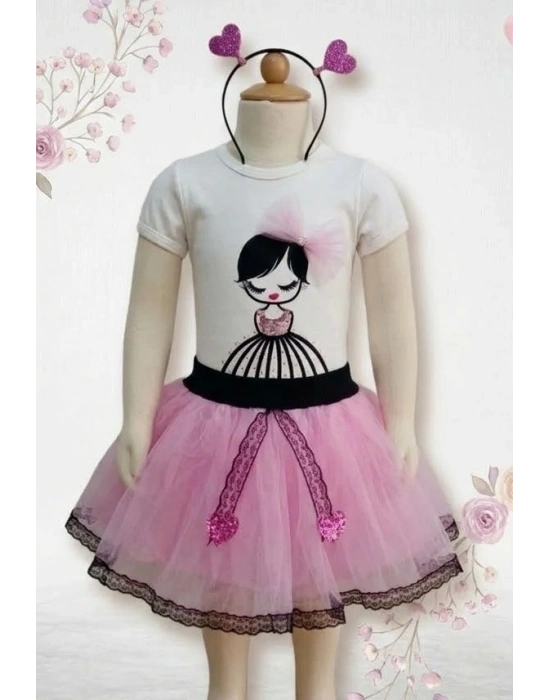 9-12-18 Ay Saçı Örgülü Kız Nakışlı Kurdelalı Kısa Kollu Tütü Etek 2li Kız Bebek Takımı Lila