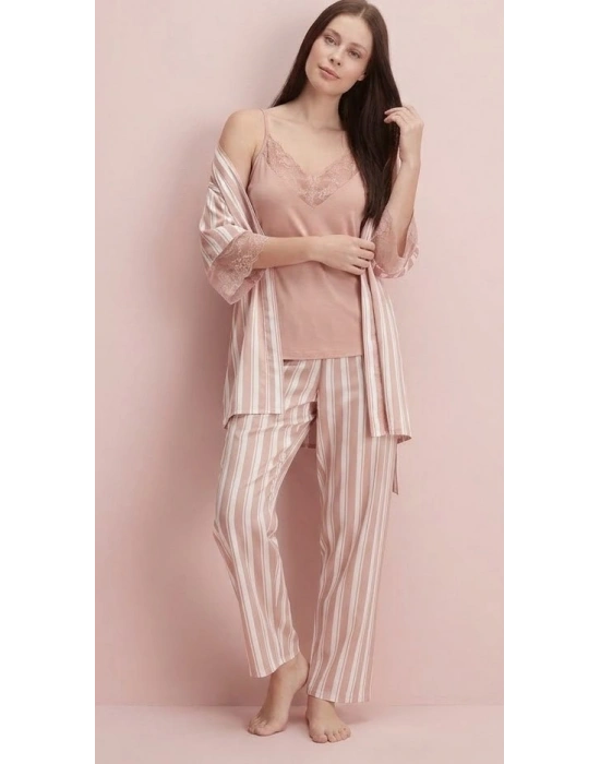 Bicomi İp Askılı V Yaka Kadın Viskon Çizgili Desenli Yazlık Örme Pijama Sabahlık Takımı